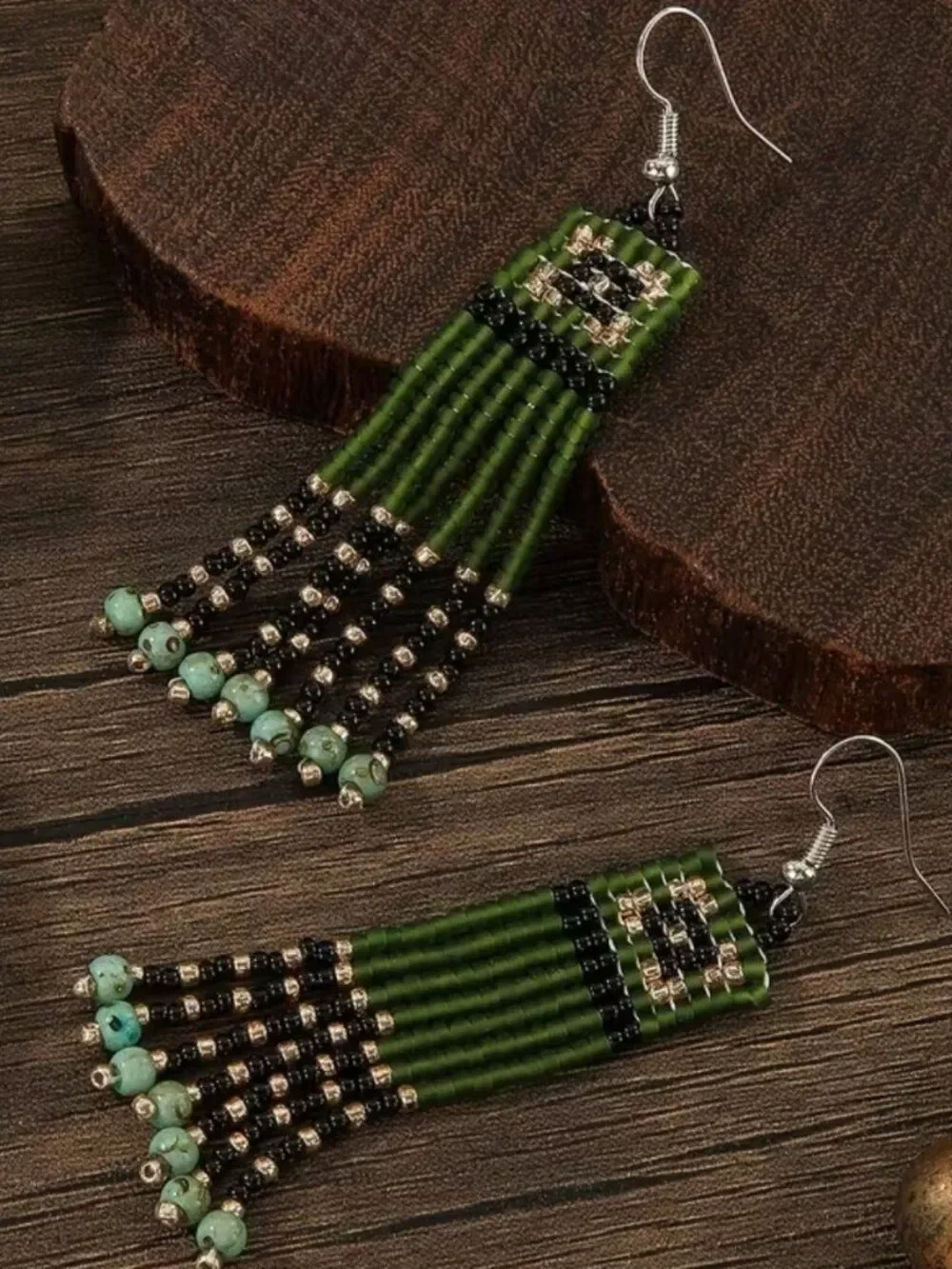NWT Boho Green Glass Beaded Fringe Tassel Earrings Native Tribal Pattern